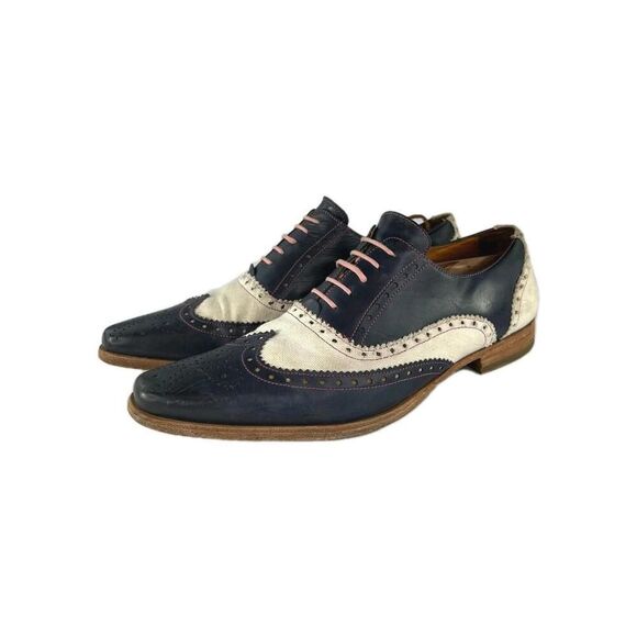 Undandy Mens Oxford Wingtip Brocade Dress Shoes US 11 Navy Beige Leather Brogue - Picture 1 of 15